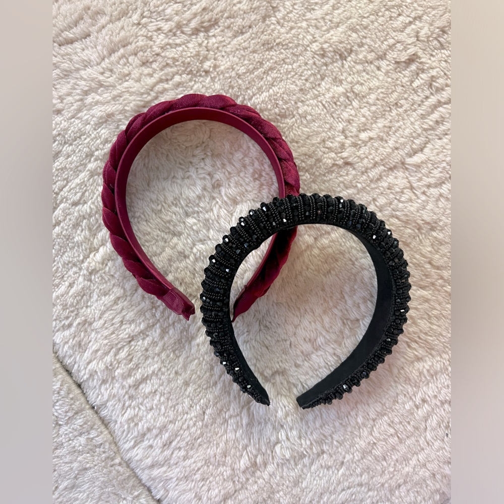 2 Fall Winter Holiday Christmas Headbands Burgundy Black Beaded Velvet Braided